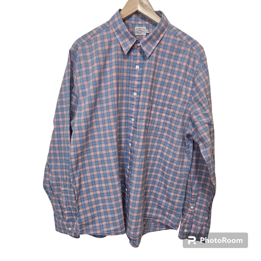 Faherty Brand Button Up Long Sleeve Shirt Size XL Plaid Blue Orange